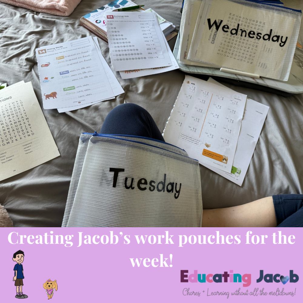 Jacob has a zippered work bag labeled for each day of the week.